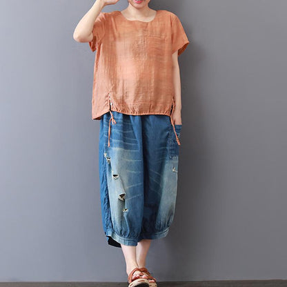 Fine Summer Cotton Blended Tops Short Sleeve Color High-low Hem Blouse