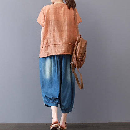 Fine Summer Cotton Blended Tops Short Sleeve Color High-low Hem Blouse