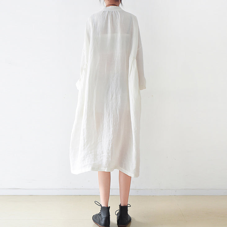 Fine White Ramine Linen Dresses Fall Linen Shirt Dress