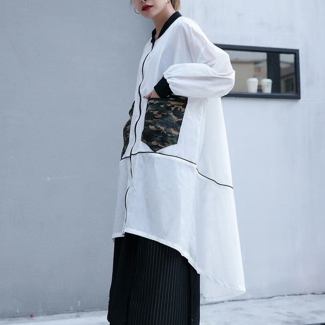 Fine white thin Coat plus size low high Jackets & Coats New long sleeve coat