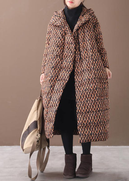 Fine Yellow Plaid Down Coat Winter Jacket Hooded Zippered Coats