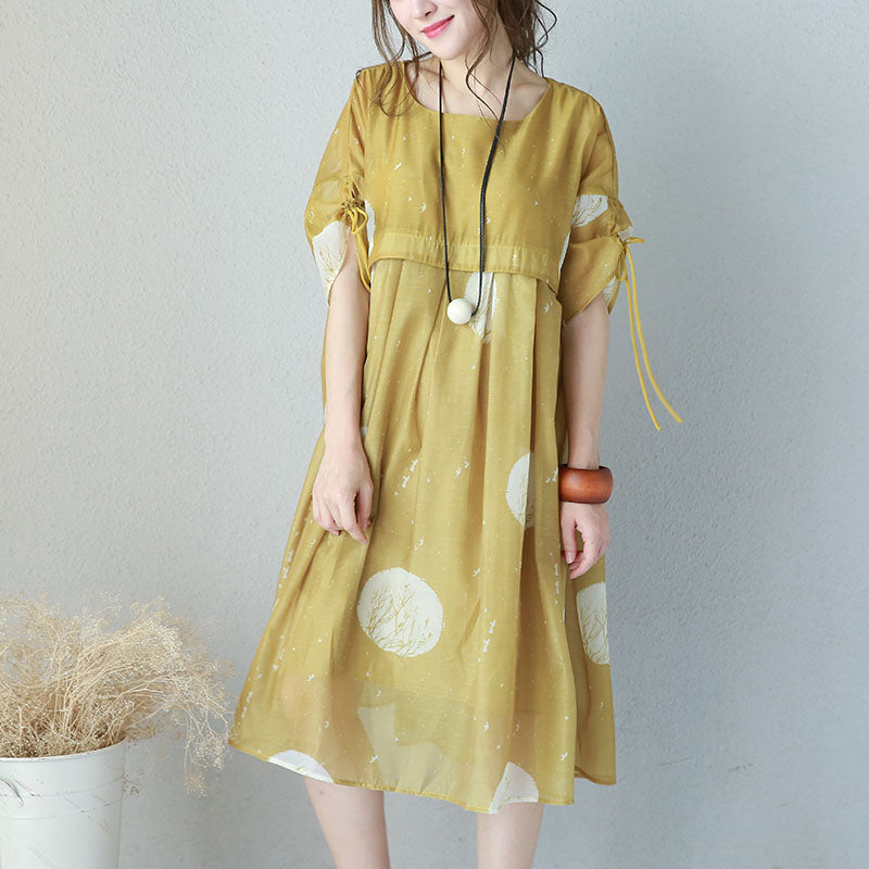 Fine Yellow Prints Chiffon Dresses Oversized High Waist Dress Drawstring Sleeve Dresses