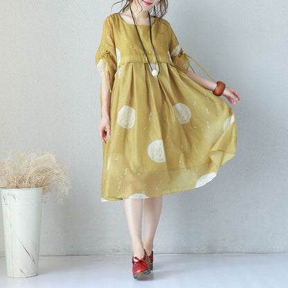 Fine Yellow Prints Chiffon Dresses Oversized High Waist Dress Drawstring Sleeve Dresses