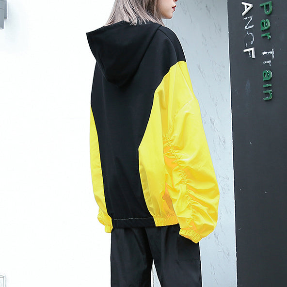 Fine Yellow Tops Oversize Hooded Patchwork Boutique Batwing Sleeve Baggy Tops