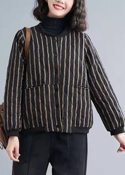Fine Striped Zippered Pockets Winter Cotton Coats Long Sleeve