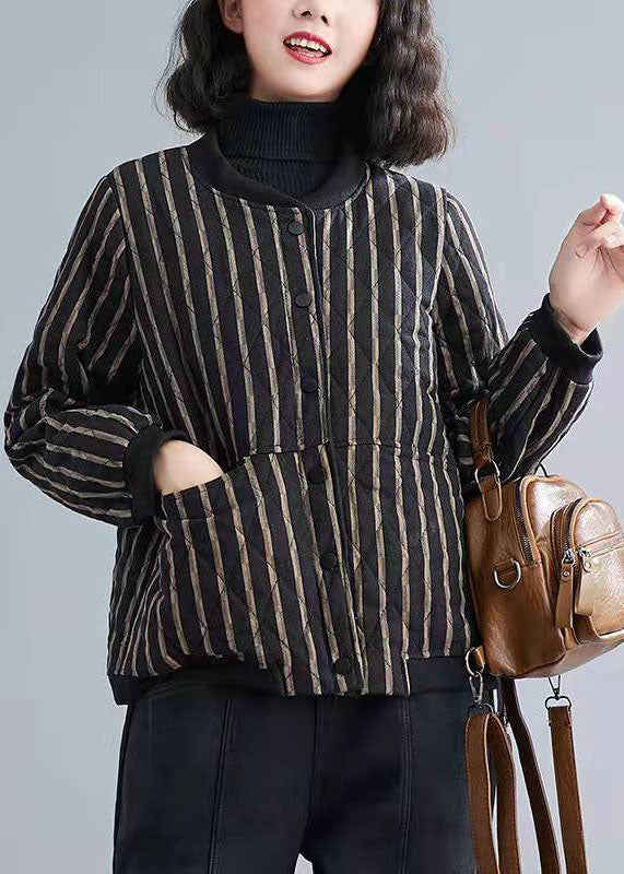 Fine Striped Zippered Pockets Winter Cotton Coats Long Sleeve