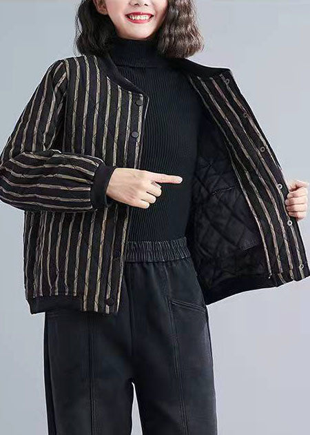 Fine Striped Zippered Pockets Winter Cotton Coats Long Sleeve