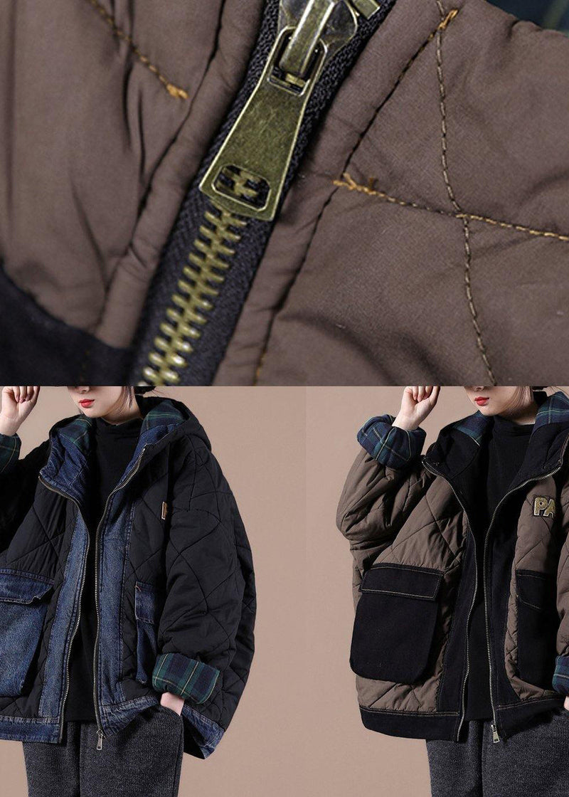 Fine Black Parkas for Loose Fitting Snow Jackets Hooded Patchwork Plaid Winter Outwear