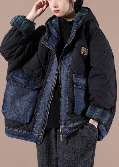 Fine Black Parkas for Loose Fitting Snow Jackets Hooded Patchwork Plaid Winter Outwear
