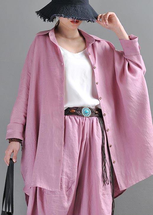 Fitted Pink Purple Side Open Cotton Linen Summer Blouse Top