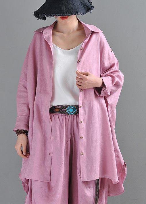 Fitted  Pink Purple side open Cotton Linen Summer Blouse Top