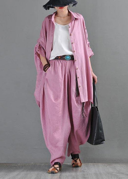 Fitted  Pink Purple side open Cotton Linen Summer Blouse Top