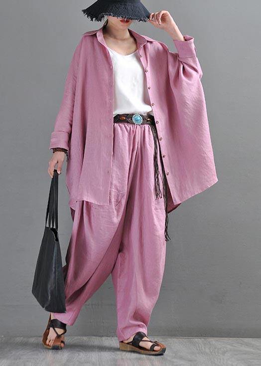 Fitted Pink Purple Side Open Cotton Linen Summer Blouse Top