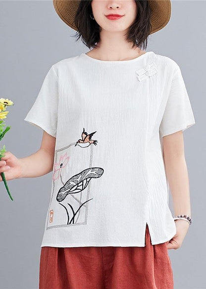Fitted White Embroideried Lotus Blouse Tops Summer Cotton Linen