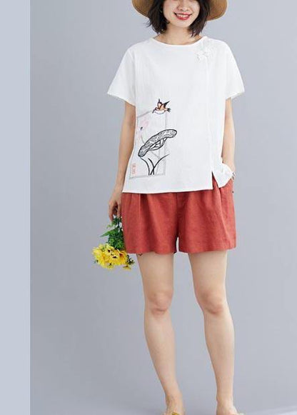 Fitted White Embroideried Lotus Blouse Tops Summer Cotton Linen