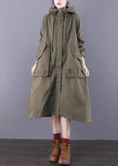 Fitted Army Green Zip Up Pockets Cotton Trench Coats Spring