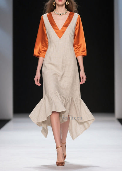 Fitted Beige Asymmetrical Patchwork Linen Silk Fake Two Piece Dresses Summer