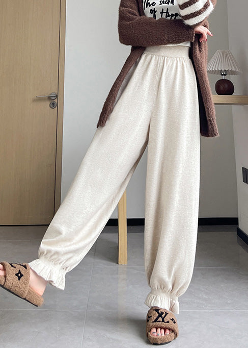 Fitted Beige Elastic Waist Knit Lantern Pants Spring