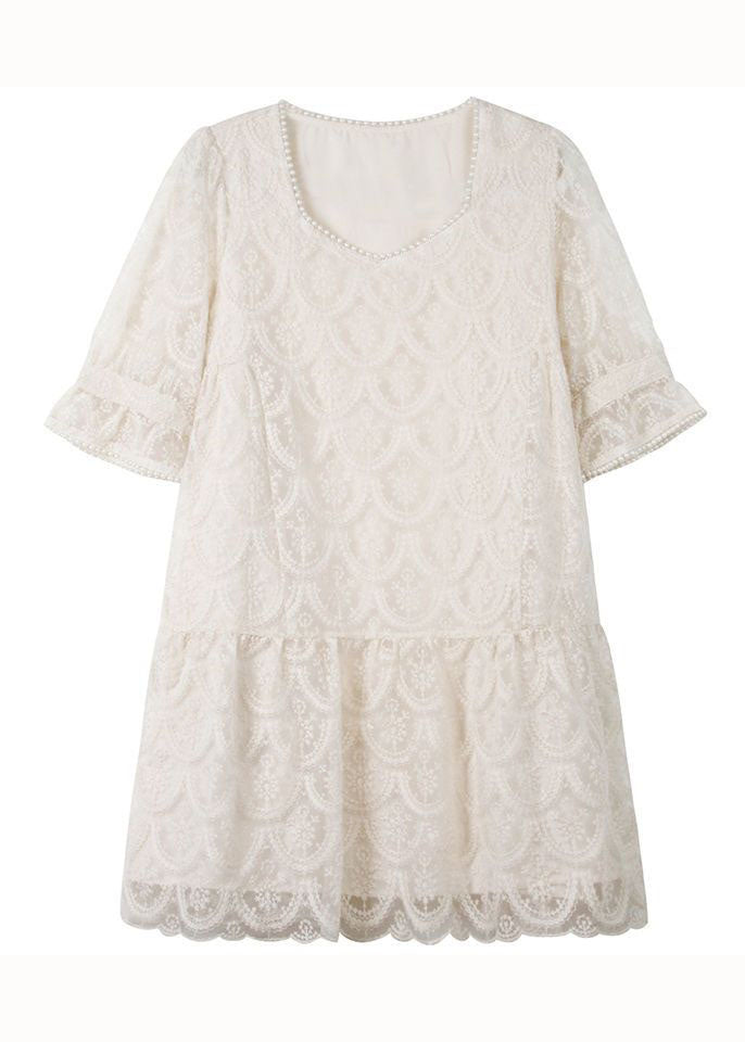 Fitted Beige Square Collar Nail Bead Patchwork Lace Mid Dress Petal Sleeve