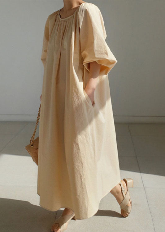 Fitted Beige Lantern Sleeve Pockets Cotton Dress