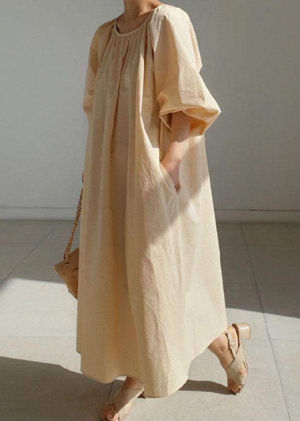 Fitted Beige Lantern Sleeve Pockets Cotton Dress
