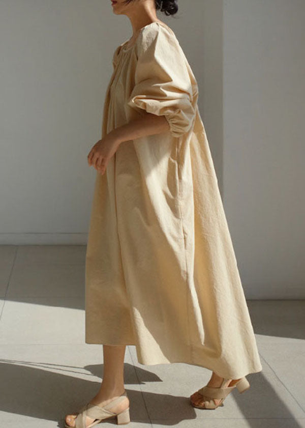 Fitted Beige Lantern Sleeve Pockets Cotton Dress