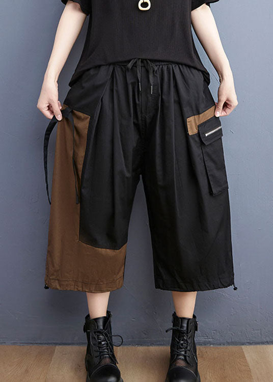 Fitted Black Asymmetrical Patchwork Cotton Spring Crop Pants