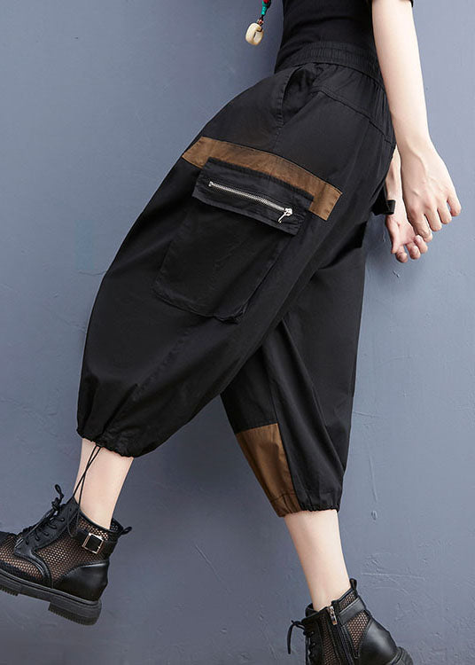 Fitted Black Asymmetrical Patchwork Cotton Spring Crop Pants