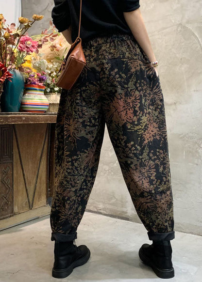 Fitted Black Cinched Print Denim Pants Winter