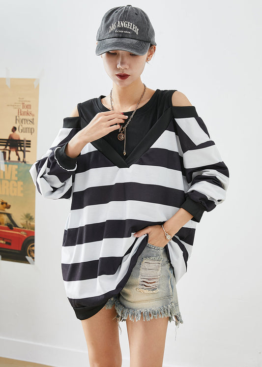 Fitted Black Cold Shoulder Patchwork Striped Cotton Sweatshirt Fall