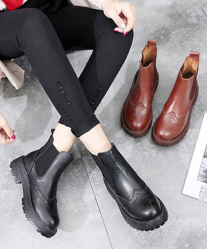 Fitted Black Comfortable Splicing Chunky Boots Black Genuine Leather Ankle Boots