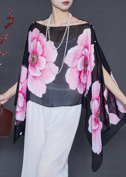 Fitted Black Nail Bead Chiffon Shirt Tops Batwing Sleeve