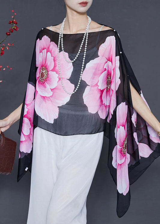 Fitted Black Nail Bead Chiffon Shirt Tops Batwing Sleeve
