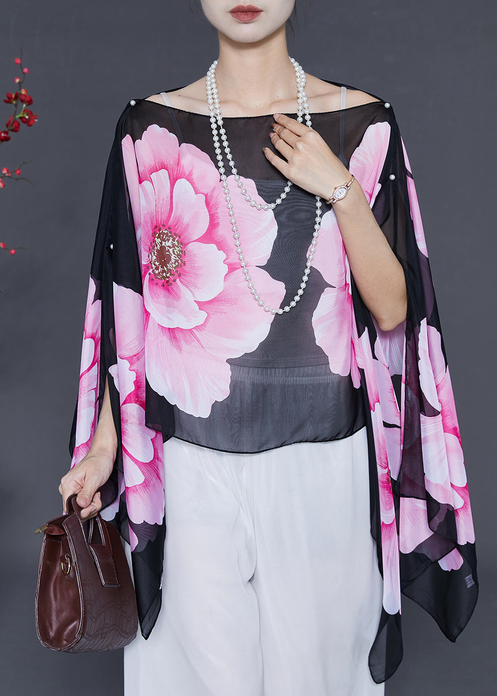 Fitted Black Nail Bead Chiffon Shirt Tops Batwing Sleeve