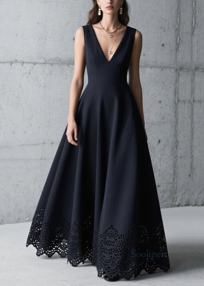 Fitted Black Hollow Out Exra Large Hem Chiffon Dress Summer
