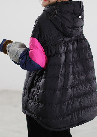 Fitted Black Hooded Patchwork Duck Down Winter Down Coat