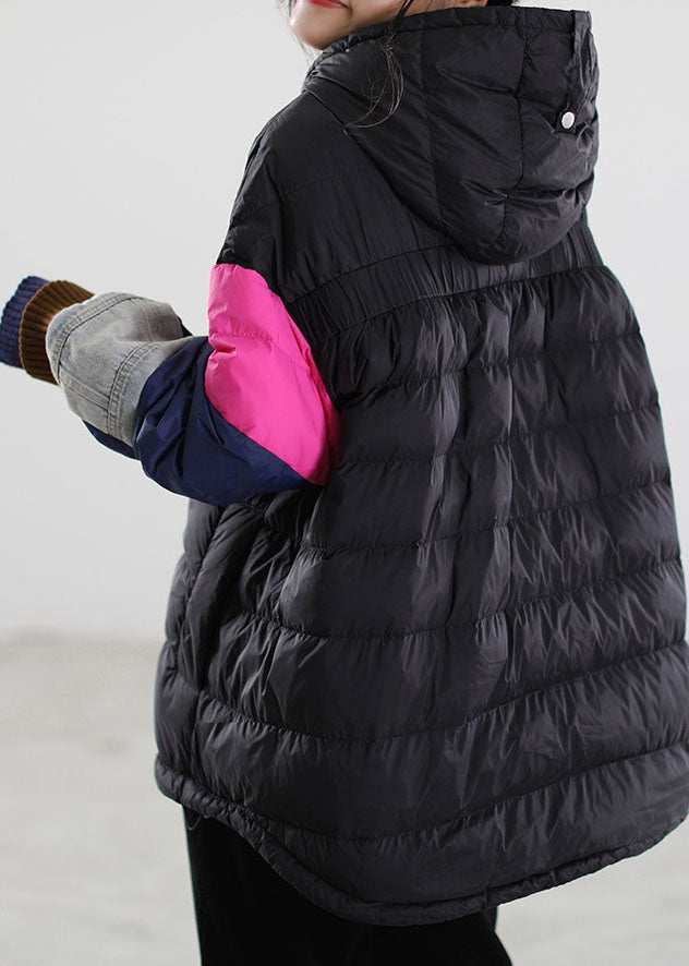 Fitted Black Hooded Patchwork Duck Down Winter Down Coat