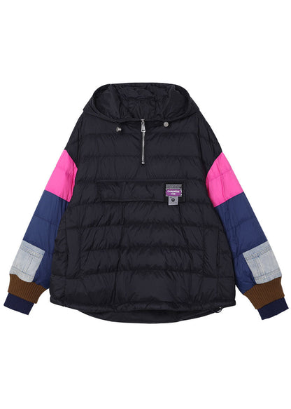 Fitted Black Hooded Patchwork Duck Down Winter Down Coat