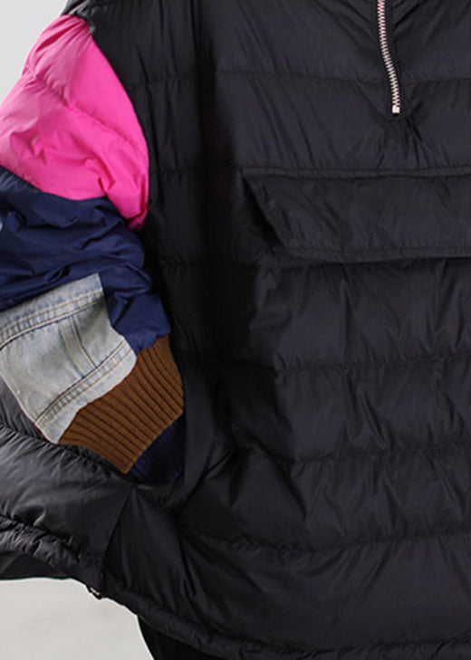 Fitted Black Hooded Patchwork Duck Down Winter Down Coat
