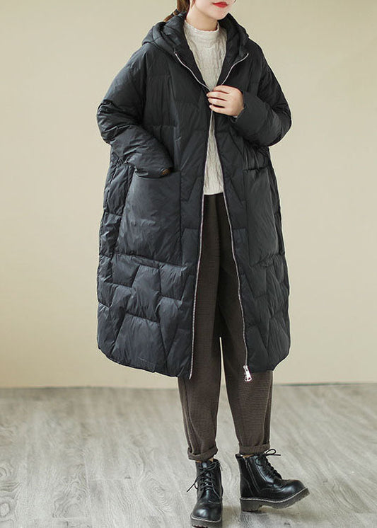 Fitted Black Loose Pockets Fine Cotton Filled Parka Winter