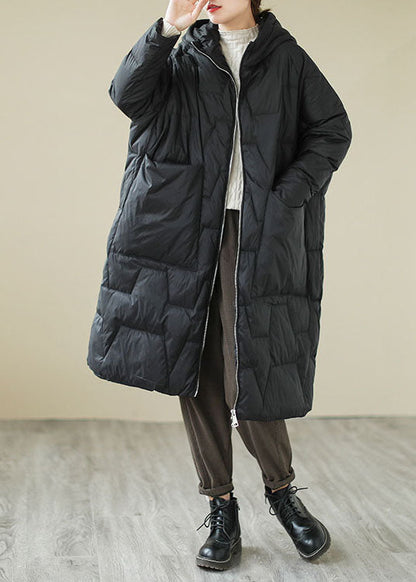Fitted Black Loose Pockets Fine Cotton Filled Parka Winter