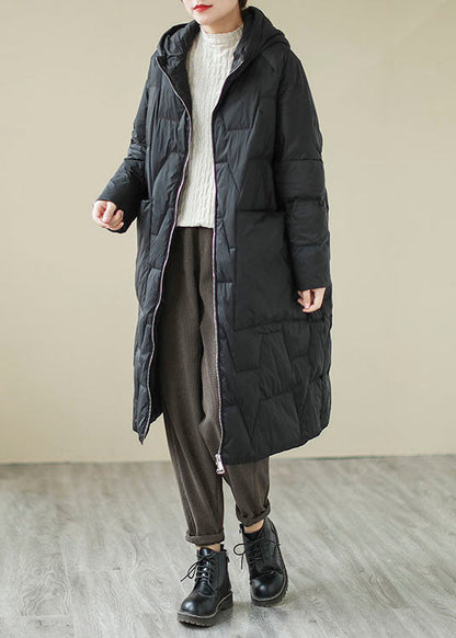 Fitted Black Loose Pockets Fine Cotton Filled Parka Winter
