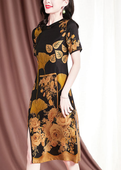 Fitted Black O-neck Print Side Open Silk Dress Short Sleeve