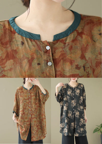 Fitted Black Oversized Print Linen Shirt Dress Lantern Sleeve