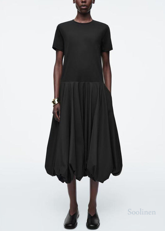 Fitted Black Patchwork Cotton Lantern Dresses Summer