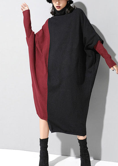 Fitted Black Patchwork Red Asymmetrical Design Fall Winter Sweater Dress