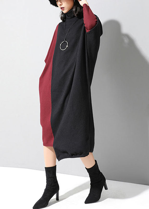 Fitted Black Patchwork Red Asymmetrical Design Fall Winter Sweater Dress