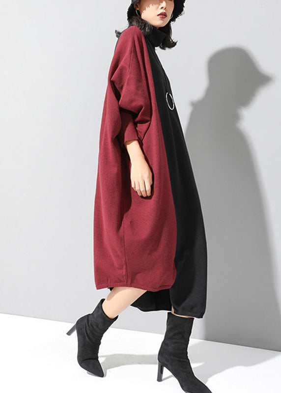 Fitted Black Patchwork Red Asymmetrical Design Fall Winter Sweater Dress