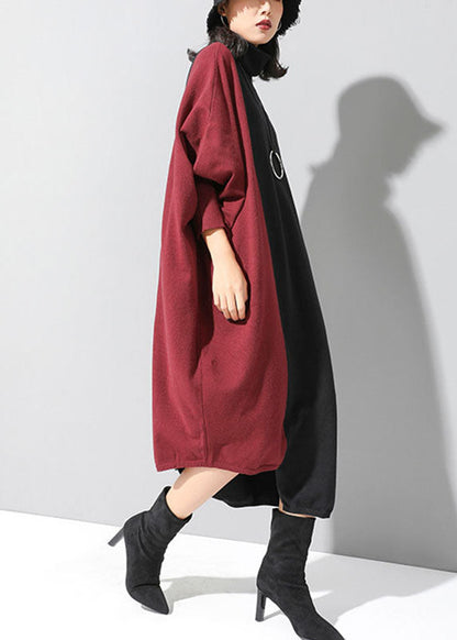 Fitted Black Patchwork Red Asymmetrical Design Fall Winter Sweater Dress