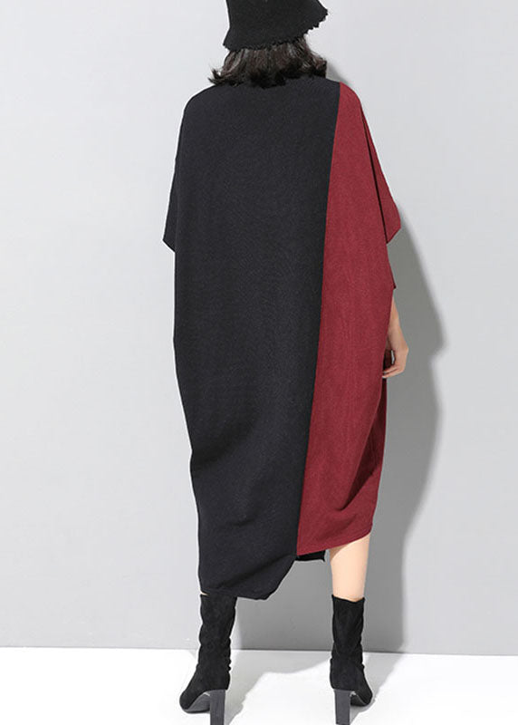 Fitted Black Patchwork Red Asymmetrical Design Fall Winter Sweater Dress